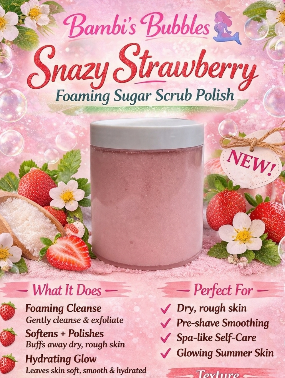 Snazy Strawberry 8oz Hand Crafted Foaming Sugar Polish Scrub